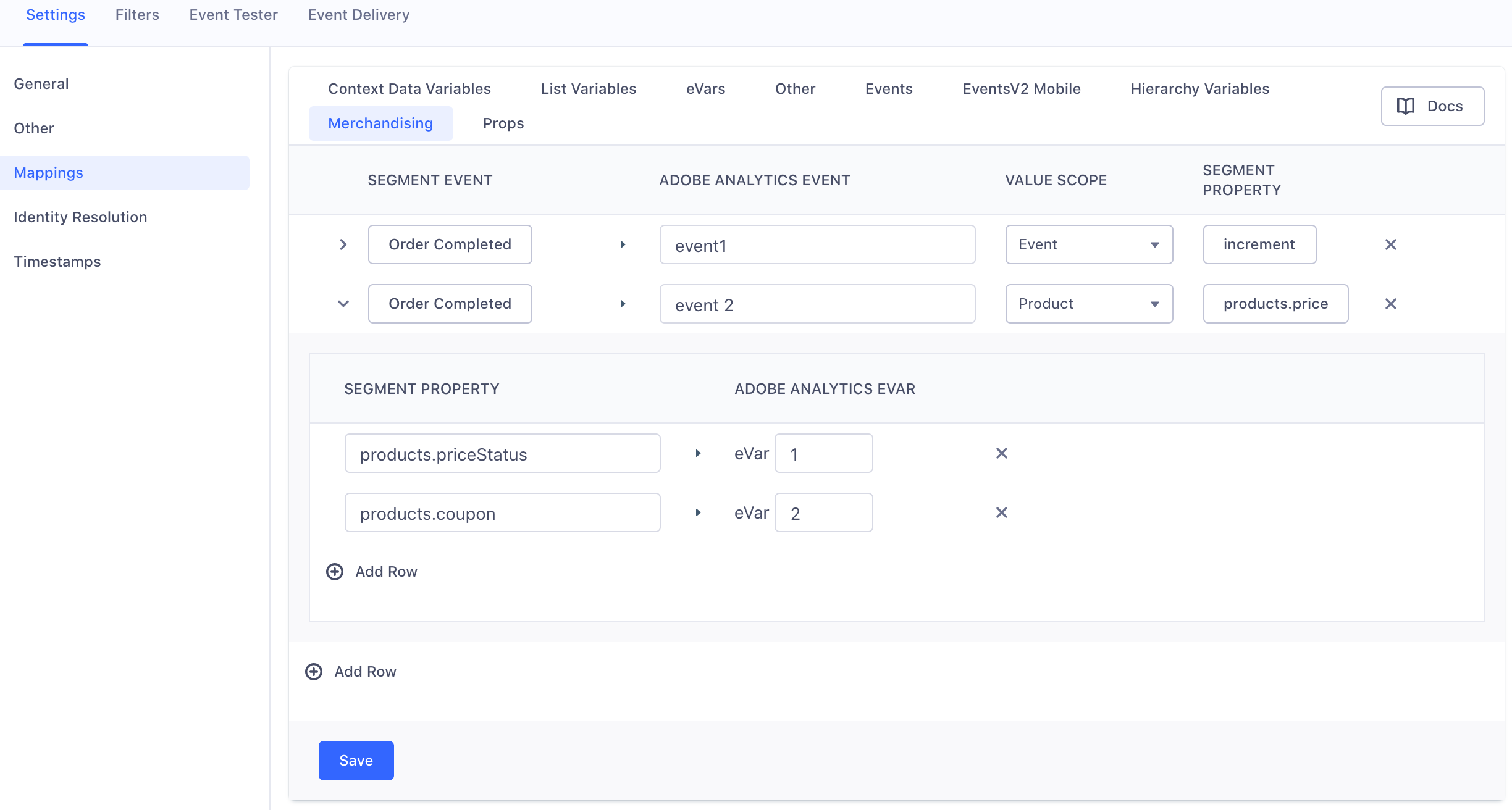 A screenshot of the Adobe Analytics settings page in Segment, with the Mappings section selected and two sample mappings under the Merchandising tab.