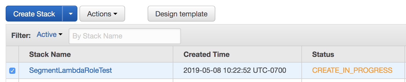 A screenshot of the Stacks page, with a Stack named SegmentLambdaRoleTest present.