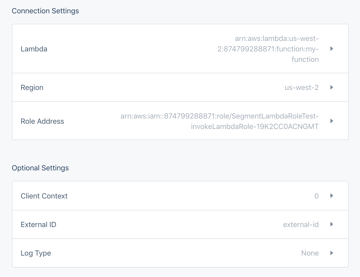 A screenshot of the connection settings page in Segment, with information visible in the Lambda, Region, and Role Address fields.