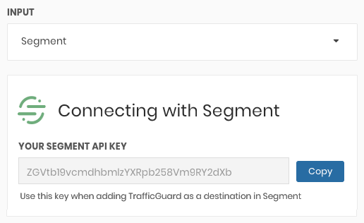 A screenshot of the input settings page in TrafficGuard, with the Segment API Key field present.