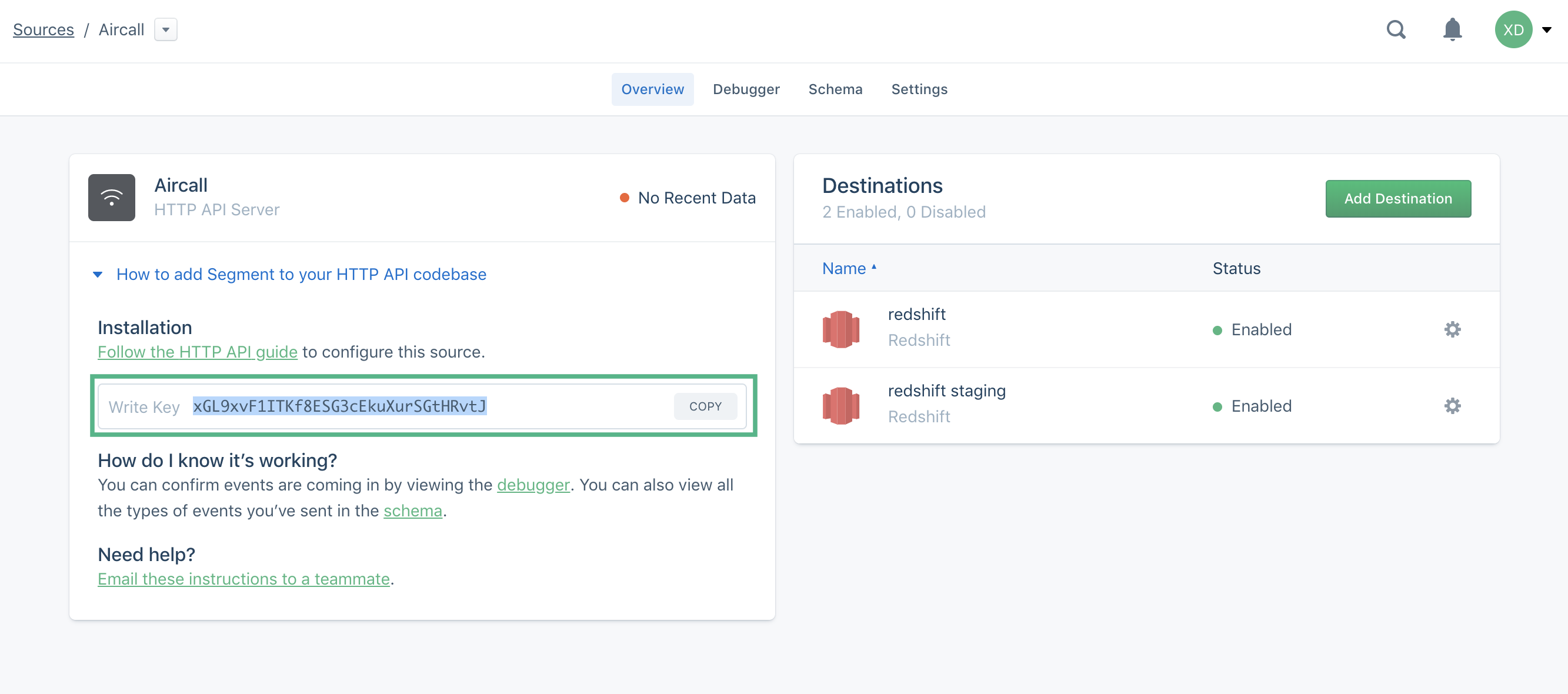 Screenshot of the Aircall overview page in Segment, with the Write Key highlighted.