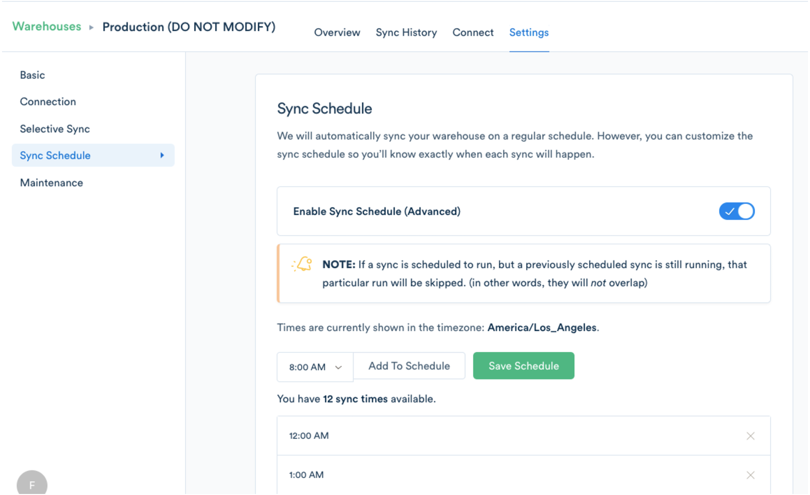 Screenshot of the Warehouse Settings page, with the Sync Schedule tab selected.