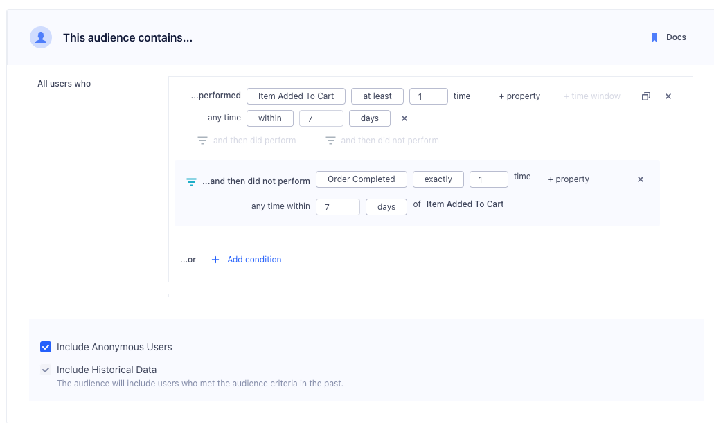 An Audience funnel of users who, in the last week, began checkout without completing it