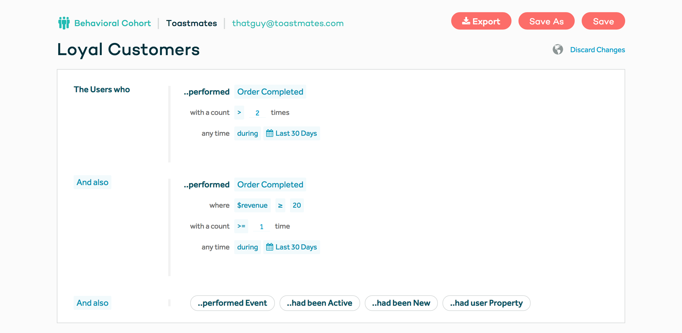 Screenshot of a Loyal Customers segment in Amplitude, comprised of users who spent at least $20 and purchased more than two times in the last 30 days