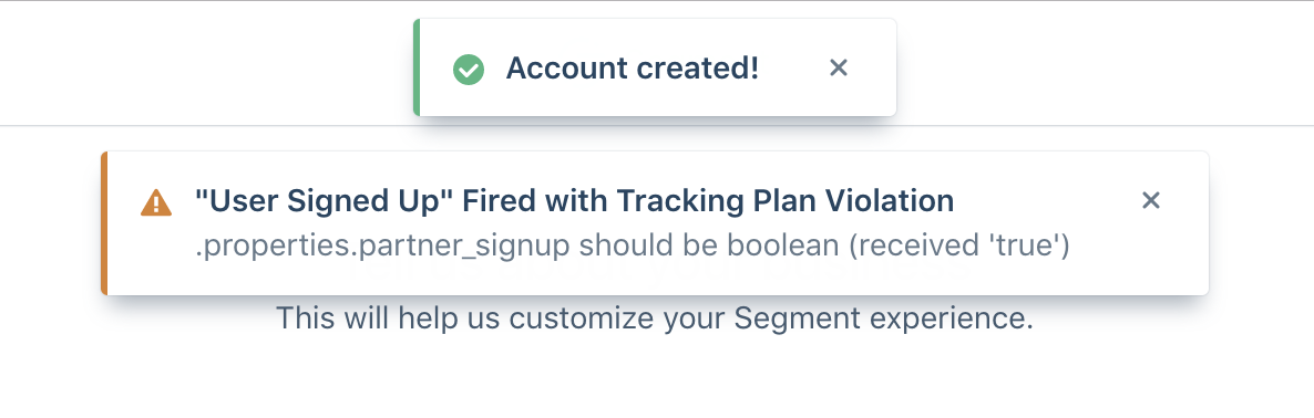 Example toaster notification on app.segment.com